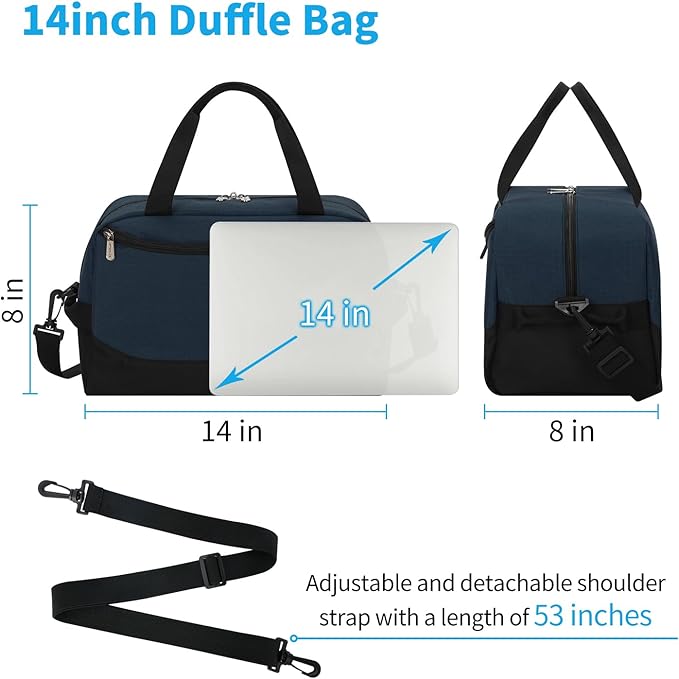 Apenze Small Gym Bag 14 inch lightweight Carry On Mini Duffel Bag with D-Ring for Travel Sport - Navy Blue