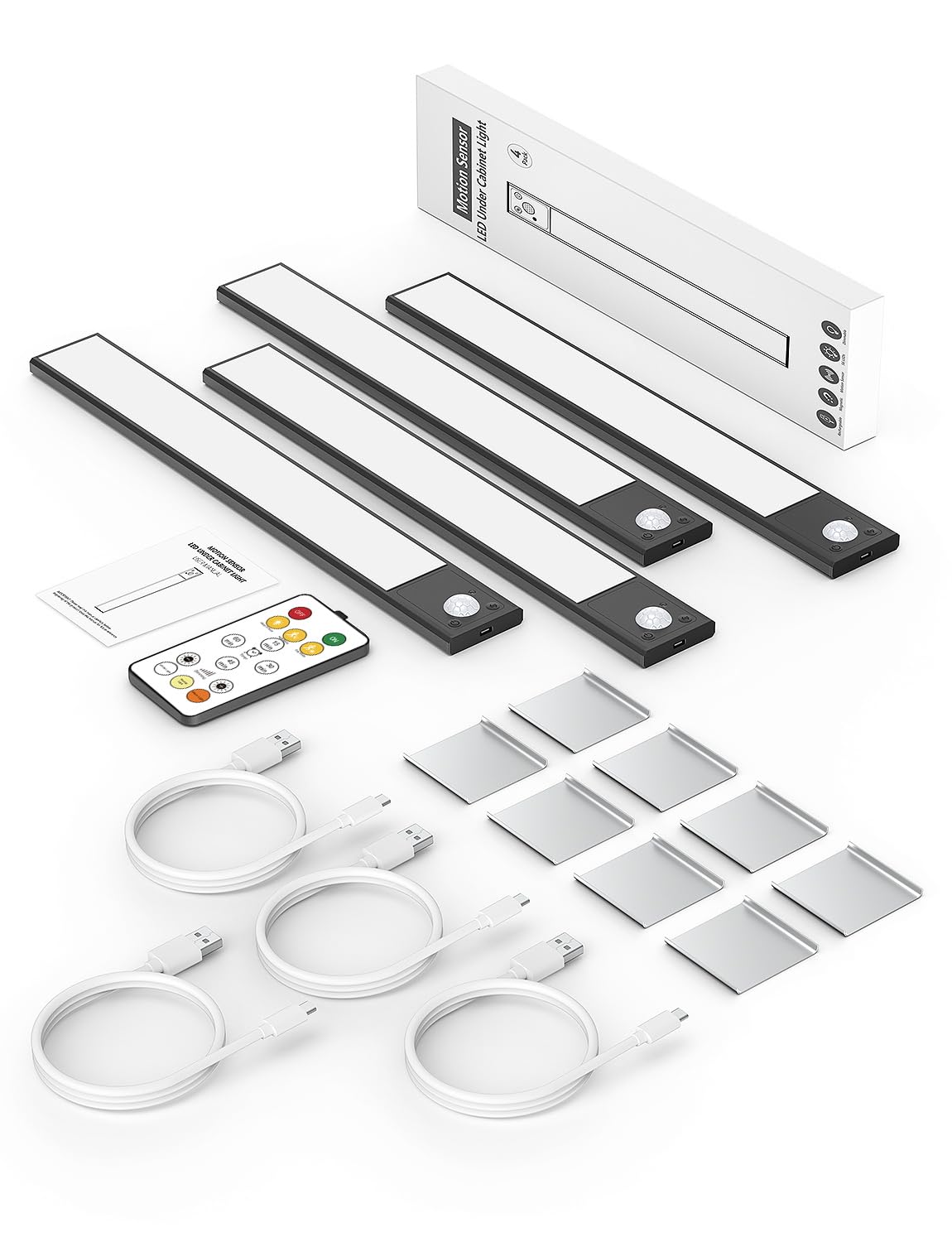 12" Under Cabinet Lighting Wireless, Remote, Motion Sensor, 4Pack, Black