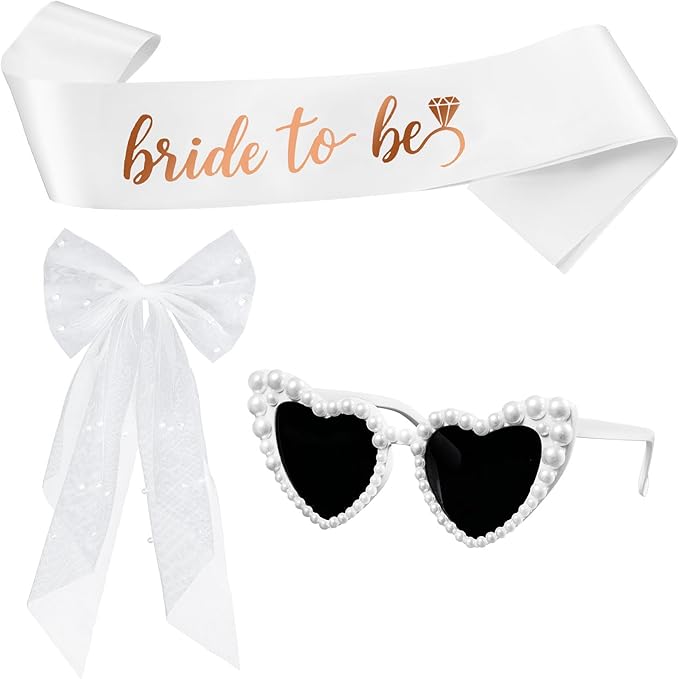 Bride Bachelorette Party Accessories 3 Pcs,Bride To Be Sash,White Veil,Pearl Heart Sunglasses for Bridal Wedding Favors Gifts (White)