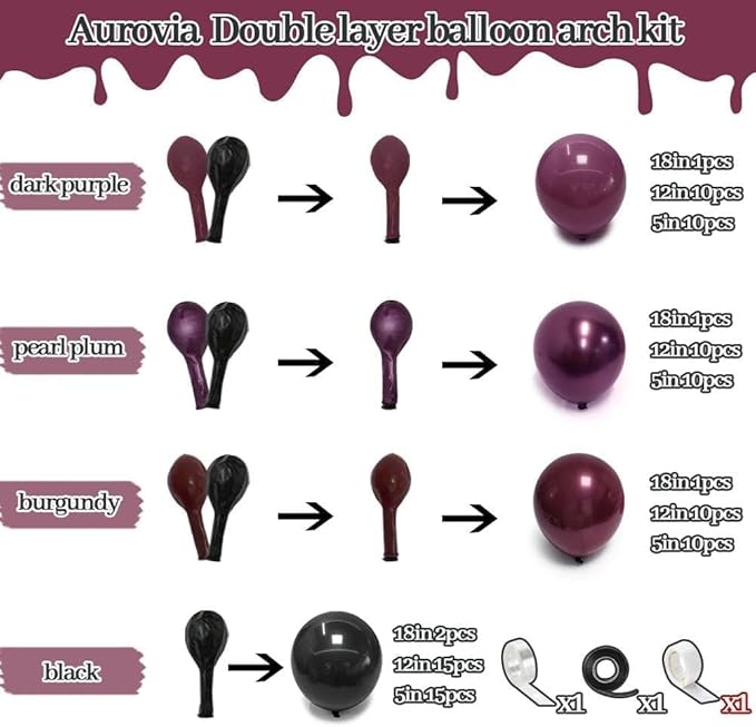 Dark Purple Black Balloons Garland Double Stuffed Black Burgundy Plum Balloon Arch Kit for Gothic Birthday Bridal Shower Mother's Day Graduation Party Decorations