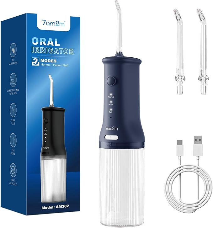 7AM2M Portable Cordless Water Flosser, Oral Irrigator with 3 Modes & 2 Tips, Fast Rechargeable, IPX7 Waterproof, Dental Water Flosser for Travel and Home Use (Navy Blue)