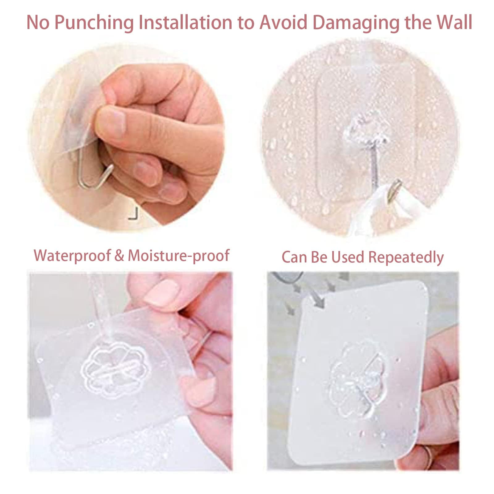 DDMY Hooks for Hanging, 50 Pack Wall Hooks 50lb(Max) Transparent Reusable Waterproof Adhesive Hook for Kitchen Curtain, Towel Hook for Bathrooms, Heavy Duty Self Coat Hook for Walls No Damage