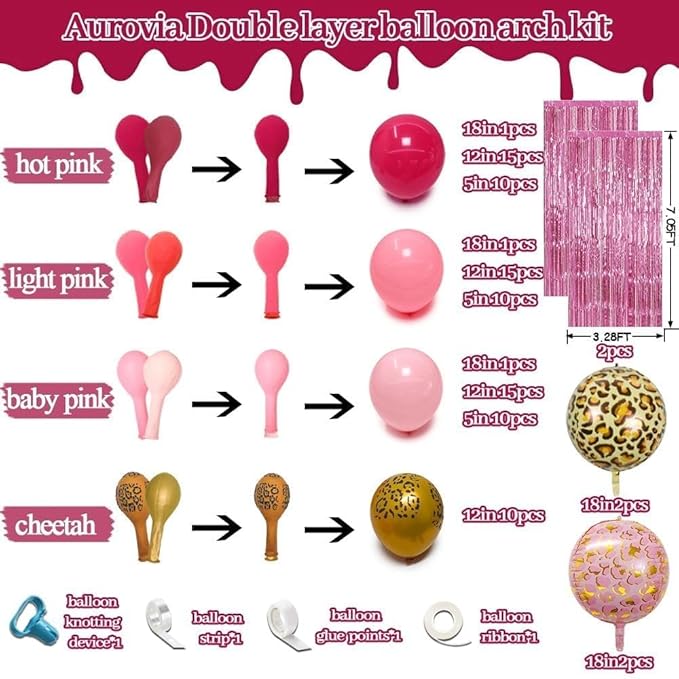 Hot Pink Balloon Arch Kit, Double Stuffed Dark Light Pink Magenta Gold Cheetah Print Balloons Fringe Curtain for Mother's Day Birthday Bridal Baby Shower Safari Jungle Party Decorations