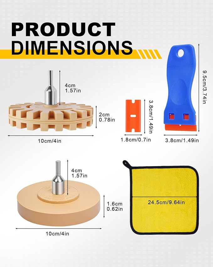 18Pcs Decal Remover Wheel Kit, Rubber Wheel for Tape Sticker Adhesive Removal Tool, with Serrated&Solid Eraser Wheel, Polishing Pads and Razor Blades