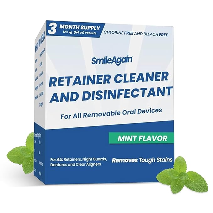 SmileAgain Retainer Cleaner - 90-120 Cleanings 12 Pack/3 Month Supply - for Clear Aligners, Dentures, Mouth Guards & Night Guards - Our Oral Appliance Cleaner & Denture Care Powder - Mint Flavored