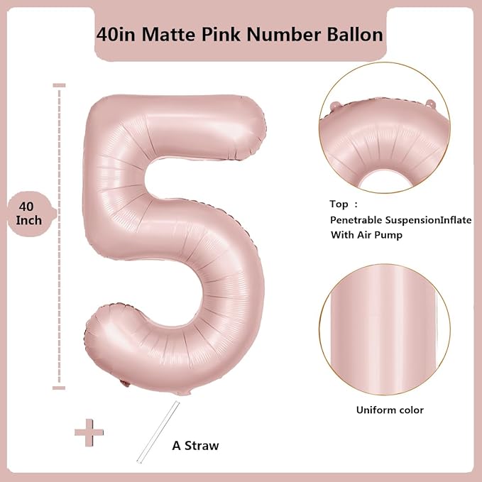 40 inch Pink Number Balloon Light Pink 5 Balloon Matte pink Number 5 Balloon for 5th Birthday Party Decorations
