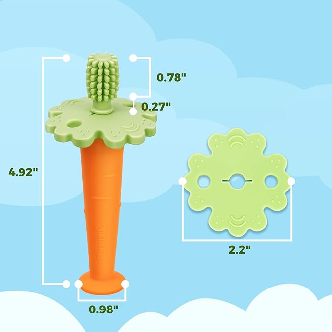Papablic Baby Toothbrush Teether, Teething Toys 6-12 Months, 360° Carrot Teether Baby Stuffers, Infant Toothbrush with Suction Base