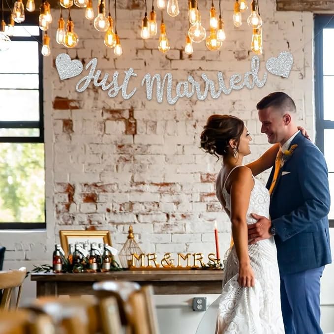 BEISHIDA Silvery Just Married Banner - NO DIY, Glitter Wedding Party Banner,Just Married Signs, Bachelorette/Bridal Garland,Engagement Party Decor Supplies, Wedding Reception Party Decorations.