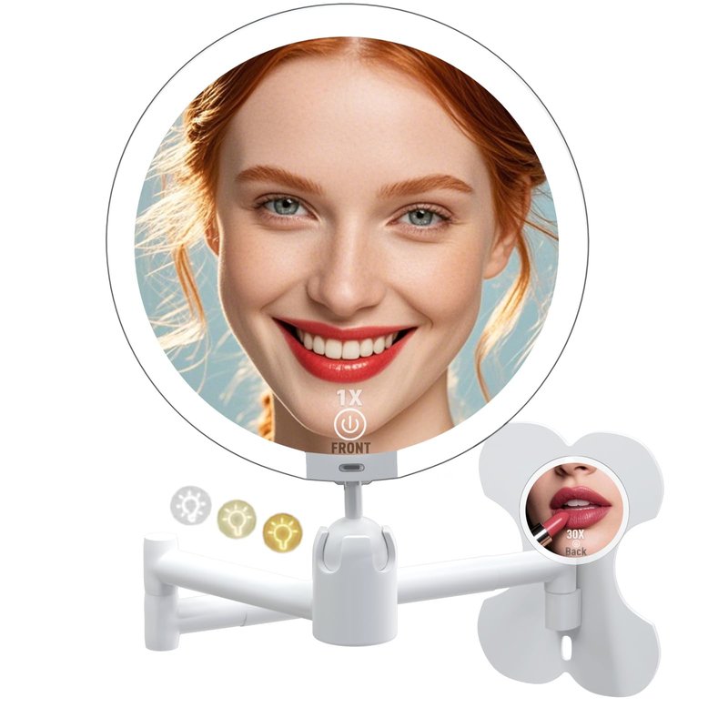 6" Led Wall Mounted Makeup Mirror Double Sided 1/30X, 1-Second Install Lightweight Compact Wall Mirror with Light, Rechargeable Extendable Magnifying Mirror for Bathroom, Wall Vanity Mirrors (1+30X)
