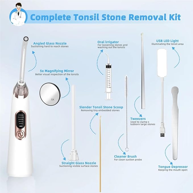 Oral Tools Tonsil Stone Removal Kit 10 in 1 Electronic Mouth Vacuum Oral Care with 5 Suction Modes Cleaner Dental Cleaning