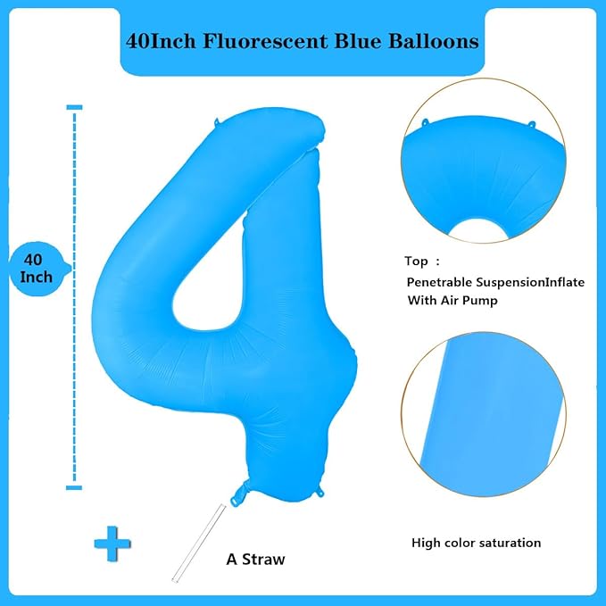 Fluorescent Blue Number Balloon 40 inch Giant Foil Helium Balloons Blue Number 4 Balloon for 4th Birthday Party Decorations