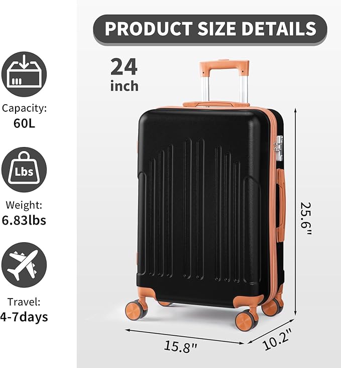 Karl home 24in Checked Luggage with TSA Lock, ABS Hardshell Check-in Suitcase with Spinner Wheels, Durable Medium Suitcase Rolling Luggage for Business Travel, Black & Brown