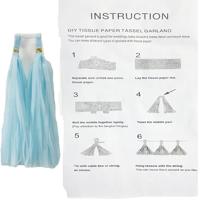 Tissue Paper Tassels Garland Banner Table Decor Party Banner Wedding Birthday Baby Shower Nursery Party Decorations (20, Lt-Blue)