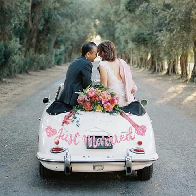 BEISHIDA Pink Just Married Banner - NO DIY, Glitter Wedding Party Banner,Just Married Signs, Bachelorette/Bridal Garland,Engagement Party Decor Supplies, Wedding Reception Party Decorations.