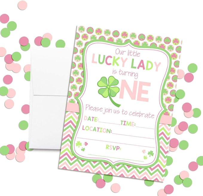 Lucky Lady First Birthday Clover St. Patrick’s Day Party Invitations for Girls, 20 5x7 Fill In Cards with Twenty White Envelopes by AmandaCreation