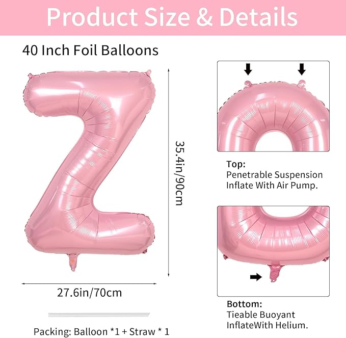Biapian 40 Inch Pink Letter Balloons, Giant Light Pink Letter Z Balloon, Single Alphabet Balloon, Pastel Pink Foil Mylar Name Balloons for Girls Women Birthday Baby Shower Anniversary Party Decoration