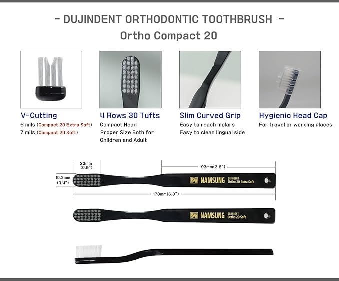 Orthodontic Toothbrush for Braces [2 Packs][Made in Korea] V Trim Cutting American Bristles Braces Toothbrush for Brackets and Wires Cleaning (Ortho Compact 20 Extra Soft, 2 Pack)