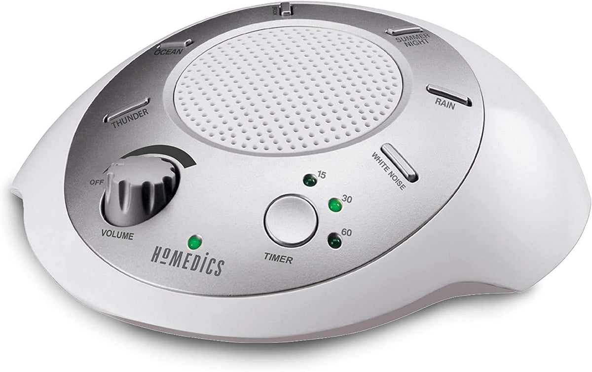 Homedics SoundSleep White Noise Sound Machine, Silver, Small Travel Size with 6 Relaxing Nature Sounds, Portable Therapy for Home, Office, Nursery, Auto-Off Timer