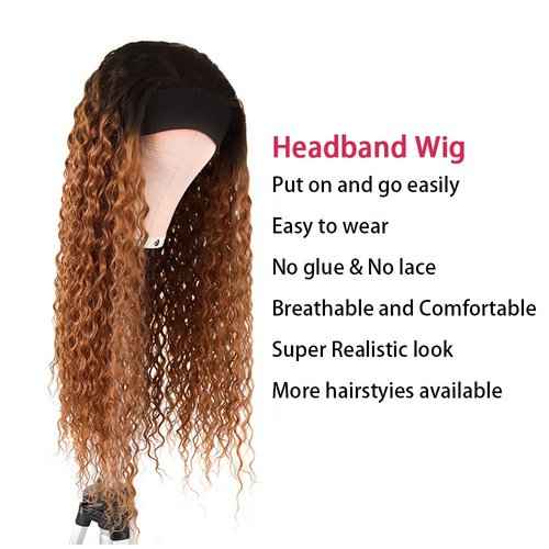 1B30 Deep Wave Headband Wig Ombre Brown Human Hair Headband Wig 130% Density Grade 8A Brazilian Remy Hair Machine Made Wigs Dark Brown Color 22 Inch