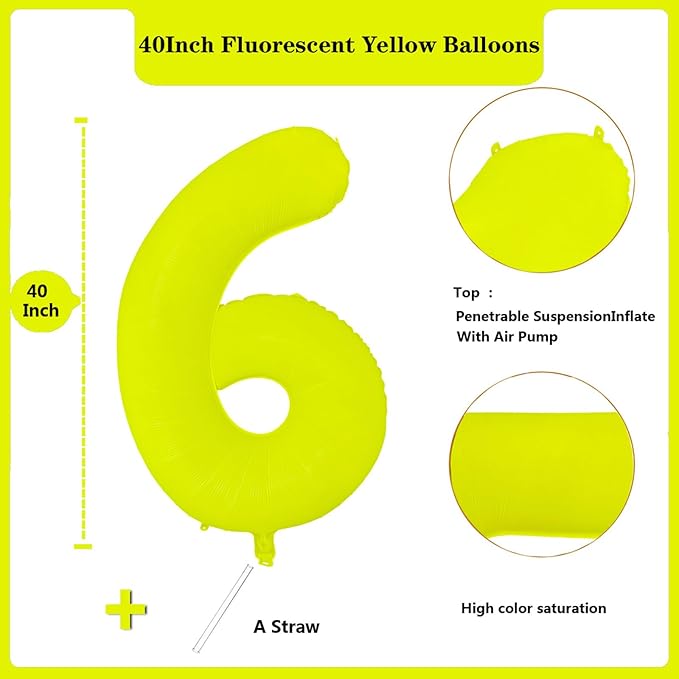 Fluorescent Yellow Number Balloon 40 inch Giant Foil Helium Balloons Yellow Number 6 Balloon for 6th Birthday Party Decorations