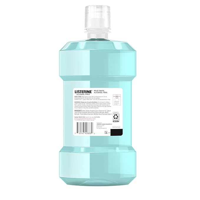 Listerine Cool Mint Alcohol Free Mouthwash, Oral Rinse Kills 99.9% of Germs That Cause Bad Breath, for Fresh Breath & Less Intense Taste, No Alcohol Burn Cool Mint Flavor, 1 L