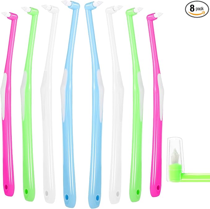 8 Pieces End Tuft Toothbrush with Cover, Soft Interdental Brushes Tapered Brush Braces Toothbrush for Orthodontic Braces Detail Cleaning(Blue/Green/Rose Red/White)