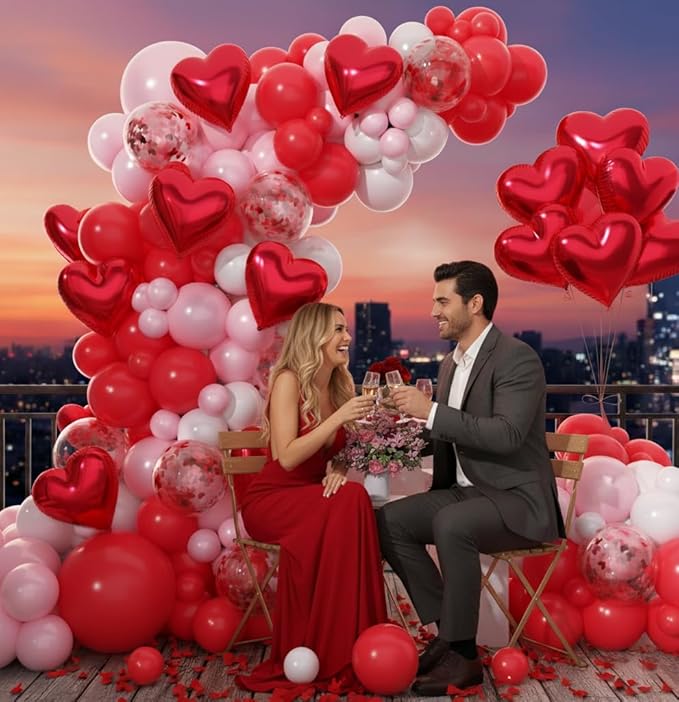 153pcs Valentines Day Balloons Garland Arch Kit, Red Pink White Confetti Heart Balloons Red Heart Foil Balloons Arch for Galentine's Day Wedding Anniversary Engagement Party Decorations