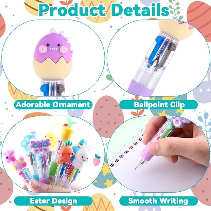 24PCS Easter Fun Pens 0.7mm Cute Bunny Egg Multicolor Ballpoint Pens Retractable 4 Colors in 1 for Easter Party Favors Basket Stuffers School Supplies Students Rewards