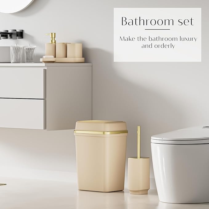 9PCS Bathroom Accessory Set, Beige Bathroom Set with Large-Capacity 4 Gallon Trash Can, Bathroom Accessories Set Complete, Toothbrush Holder, Soap Dispenser, Toilet Brush, Bathroom Decor
