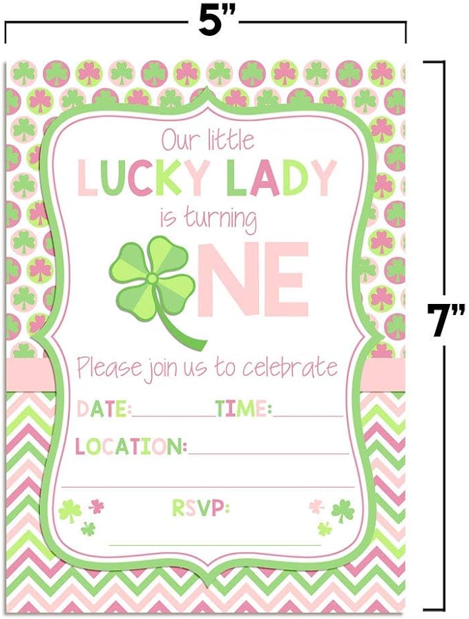 Lucky Lady First Birthday Clover St. Patrick’s Day Party Invitations for Girls, 20 5x7 Fill In Cards with Twenty White Envelopes by AmandaCreation