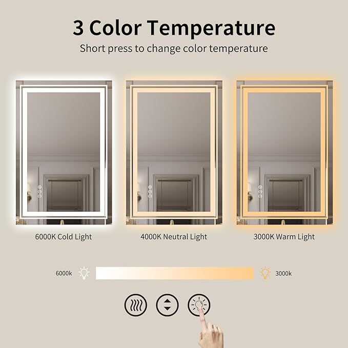 WTTY LED Bathroom Mirror 20"x 28" with Backlit and Front Light,Dimmable LED Mirror for Bathroom,Anti-Fog Lighted Bathroom Vanity Mirror Modern for Wall,Memory Function,Shatter-Proof