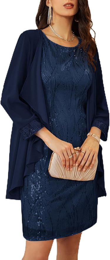 GRACE KARIN Women's Sequin Dress - Wedding Guest & Mother of The Bride Formal Dress - Two Piece Knee Length