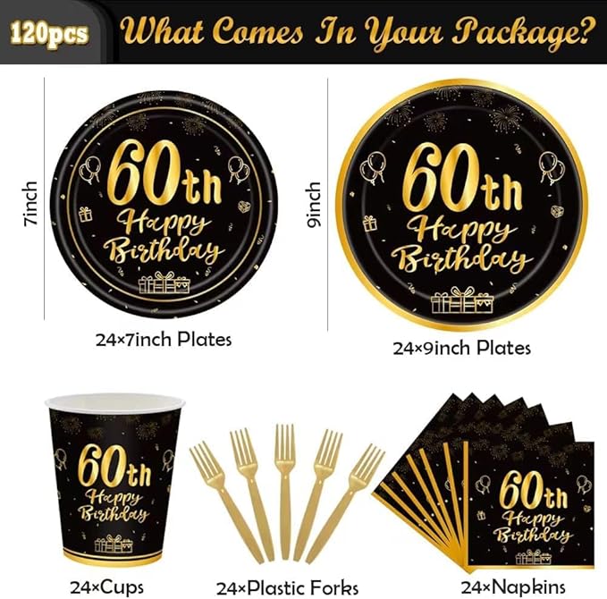 120Pcs 60th Birthday Party Supplies Plates Napkins Cups Forks Tableware Set Gold Black Happy 60th Birthday Themed Disposable Tableware Decoration Serves 24 Guests for Men Women 60 Years Old