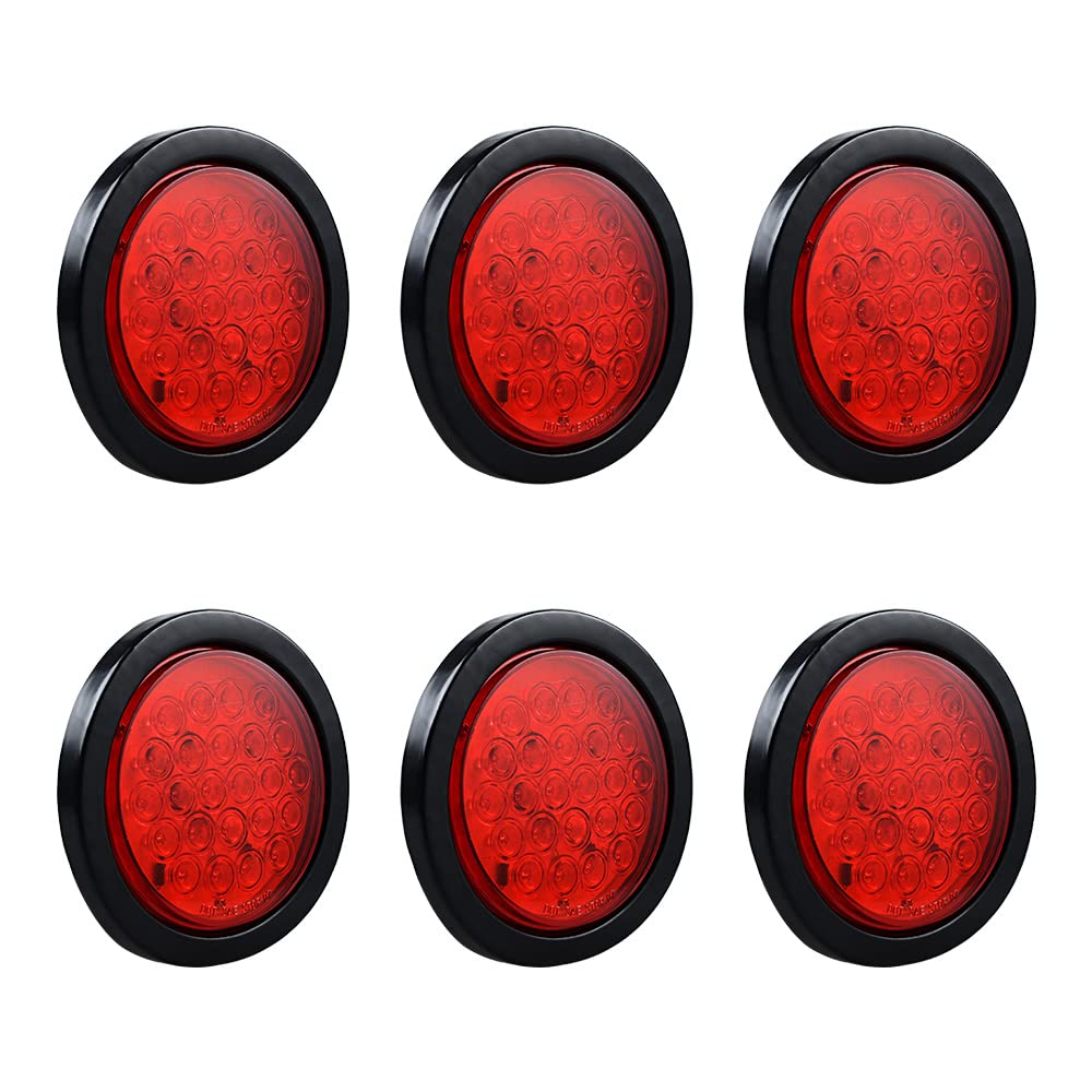 (6X) 4 Inch Round 24-LED RED Running Brake Stop Tail Lights w/Grommet Wiring Plug For Car Truck Trailer RV DC 12V
