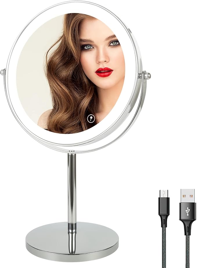 8" Lighted Makeup Mirror with Magnification, 1X/10X Magnifying Mirror with Light, Double Sided 360° Cordless Rechargeable, 3 Colors Brightness Adjustable Makeup Mirror with Lights with 52 LED(Silver)