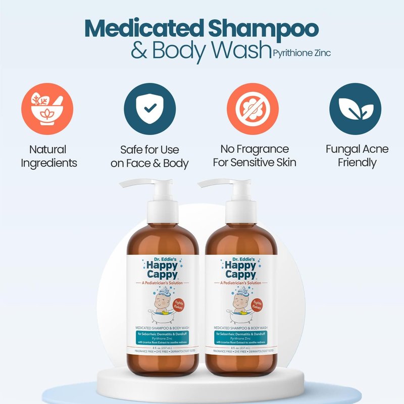 Happy Cappy Medicated Shampoo and Body Wash- Baby Dandruff Shampoo, Helps Cradle Cap and Seborrheic Dermatitis, Reduces Redness, Dermatologist Tested, Fragrance-Free- 8 Fl Oz (Pack of 2)