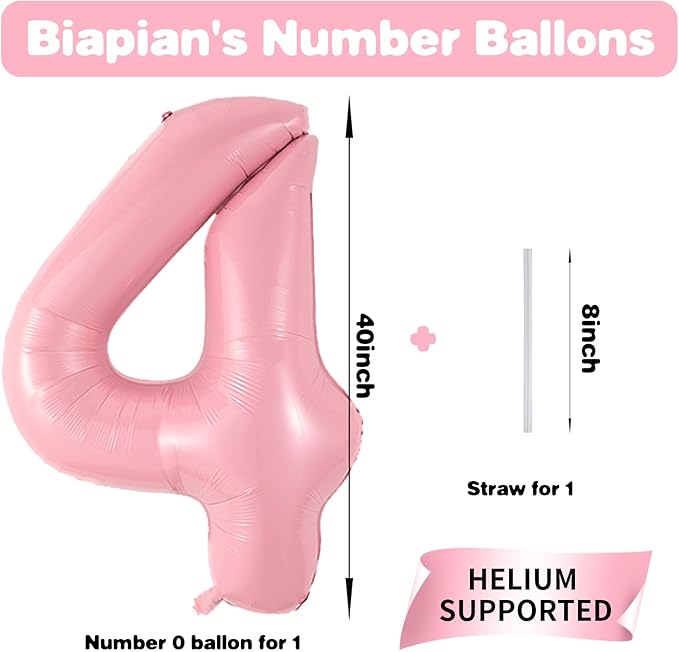 Pink 4 Balloon Number 40 Inch, Big Large Foil Number Balloons 0-9, Giant Light Pink Digital 4 Balloons, Baby Pink Number 4 Balloons Helium for Girls 4 Year Old Birthday Party Decorations Anniversary