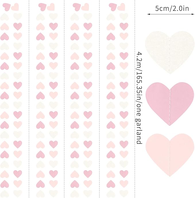 Pink-White Girls Birthday Party-Decorations Heart-Garland - 52Ft Valentines Day Proposal Galentines Wedding Paper Streamers Banner,Baby Bridal Shower Engagement Bachelorette Decor Lasting Surprise