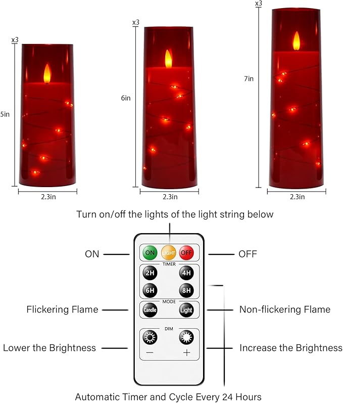 Flickering Flameless LED Candles,Battery Operated Candles 9 Pcs with Embedded Star String,Acrylic LED Pillar Candles with Remote,Suitable for Home Decoration to Create an Atmosphere（Red）