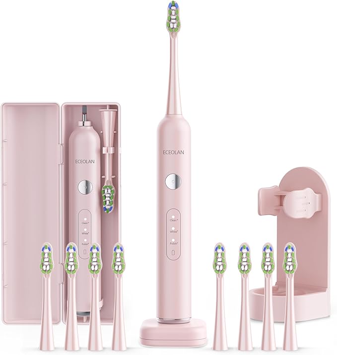 Sonic Electric Power Toothbrush for Adults & Kids,3 Deep Clean Modes IPX7 40000VPM Rechargeable Toothbrush with 8 Brush Heads, Travel Case, 2-Min Smart Timer, One Charge Last 60 Days(Pink)