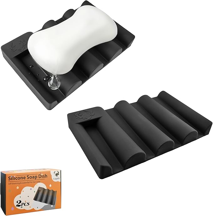 Silicone Soap Dish, Self Draining Soap Holder Perfect for Shower, Bathroom Sink, Kitchen Sink & Travel, Non-Slip Bar Soap Holder Extend Soap Life, Keep Soap Bars Dry Clean & Easy Cleaning (Black-2PCS)