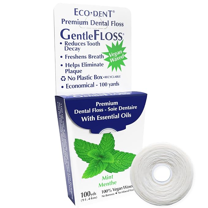 Eco-Dent GentleFloss Dental Floss, Waxed, Mint - Floss with Vegan Plant-Based Wax, Recyclable Cardboard Packaging, 100 Yds + DailyRinse Single-Use Pack