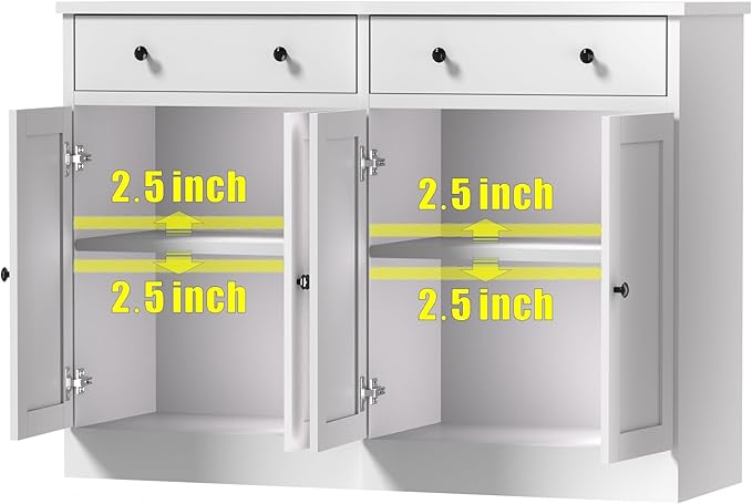 49" White Buffet Cabinet with Doors & Drawers, Modern Kitchen Storage Sideboard, Coffee Bar Console for Dining Room, Living Room, Entryway