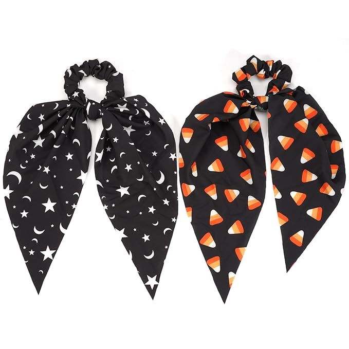 Halloween Hair Ties for Woman Girls Corn Candy Moon Star Hair Scrunchies Spooky Black Orange Elastic Ribbon Bow Hair Tie Halloween Party Supplies Hair Accessories 2PCS
