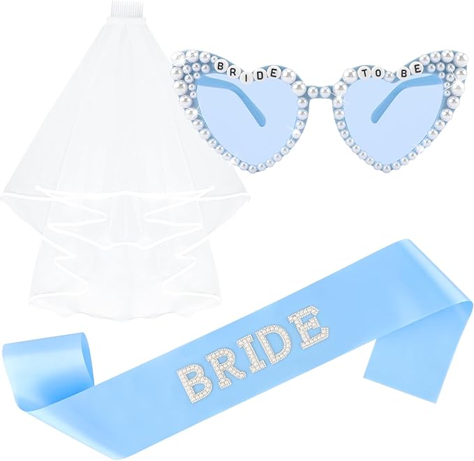 Bride to Be Set: Pearl-Trimmed Heart Sunglasses, Pearl BRIDE Sash & Tulle Veil - Bachelorette Party Bridal Accessories