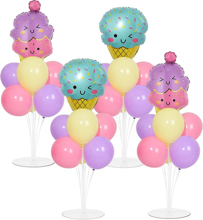 4 Sets Ice Cream Birthday Party Balloons Stand Kit with Ice Cream Foil Balloons Macaron Theme Party Ball Balloon Centerpiece for Tables for Summer Themed Birthday Baby Shower Decoration