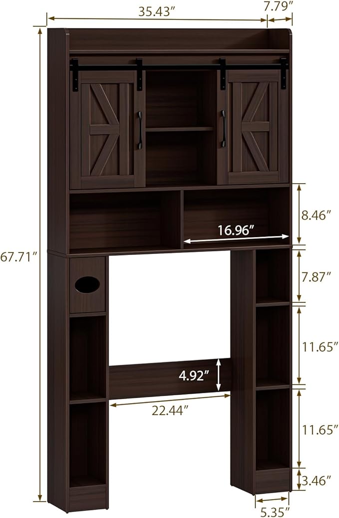 Over The Toilet Storage Cabinet, Farmhouse Toilet Cabinet Rack with Barn Doors, Space Saving Bathroom Organizer with Shelves, Toilet Paper Holder and Towel Rack for Bathroom,Restroom,Laundry,Walnut