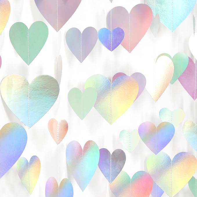 Iridescent Disco-Holographic Party-Decorations Love-Heart Garland - 39Ft Wedding Hanging Decoration Neon Streamers Banner,Valentines Birthday Bachelorette Baby Bridal Shower Engagement Decor Hugtmr