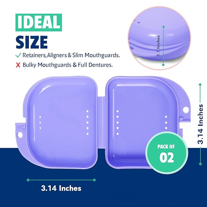 Retainer Case - Pack of 2 - Odorless Mouth Guard Case-Retainer Holder-Ventilated, Durable & Hygienic Night Guard Case for Carrying and Protecting Braces, Partial Dentures & Aligners-3.14 x 3.14 x 1.1