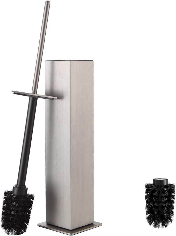 Toilet Brush and Holder Floor Standing, Brushed Nickel with 2 Replaceable Heads, Freestanding Toilet Bowl Brush with Removable Liner and Splash Guard, Modern Square Design